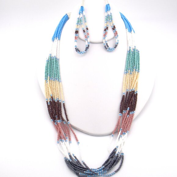 Authentic Native American Multicolor Glass Beads Necklace & Earrings Set Jewelry - Picture 3 of 10
